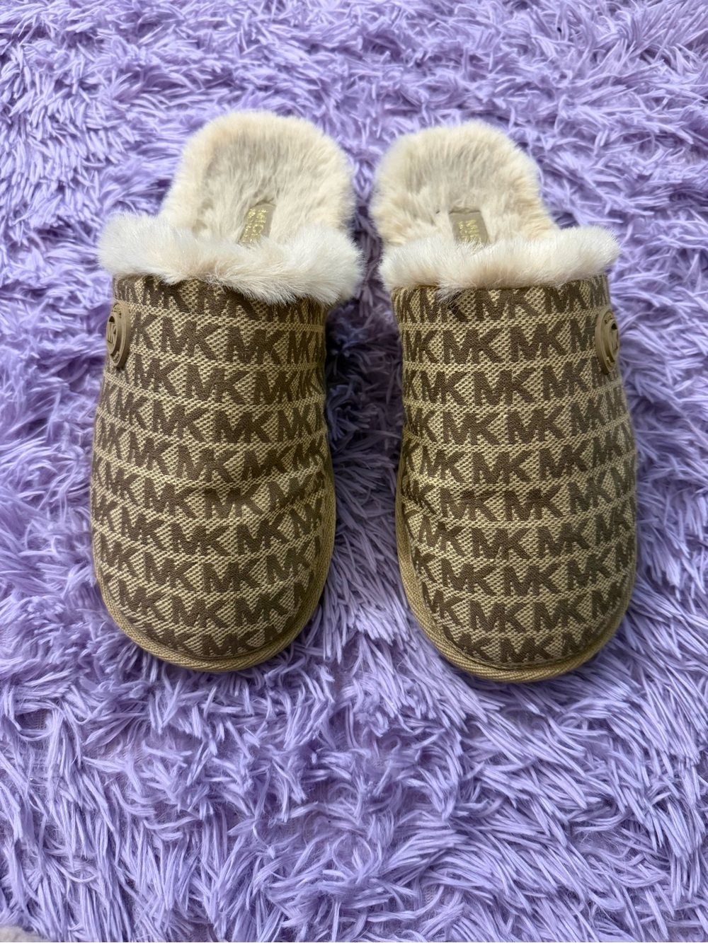 Michael Kors Kids Tan/Brown MK Logo Faux-Fur Slip-On Slippers